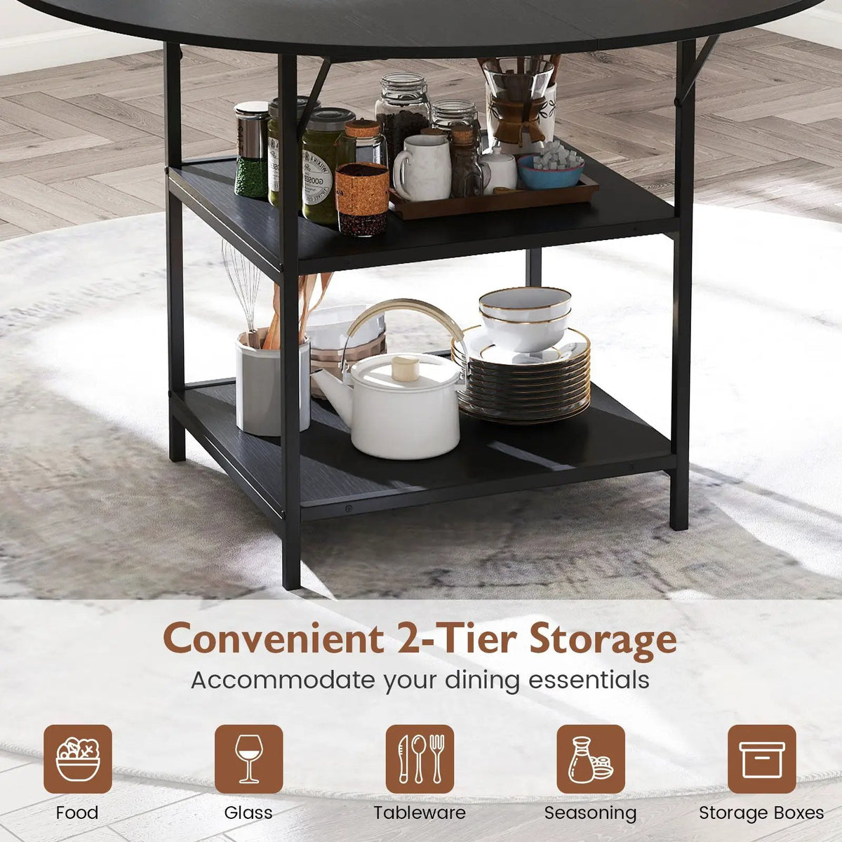 47 Inch Round Dining Table for 4-6 People Large Kitchen Table with 2-Tier Storage Shelves by DirectDeals