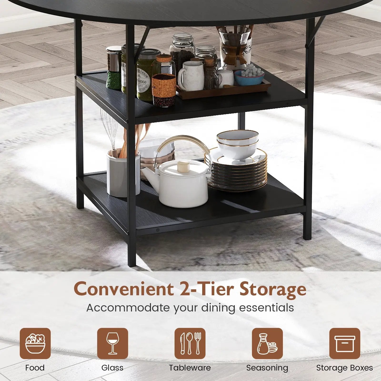 47 Inch Round Dining Table for 4-6 People Large Kitchen Table with 2-Tier Storage Shelves by DirectDeals