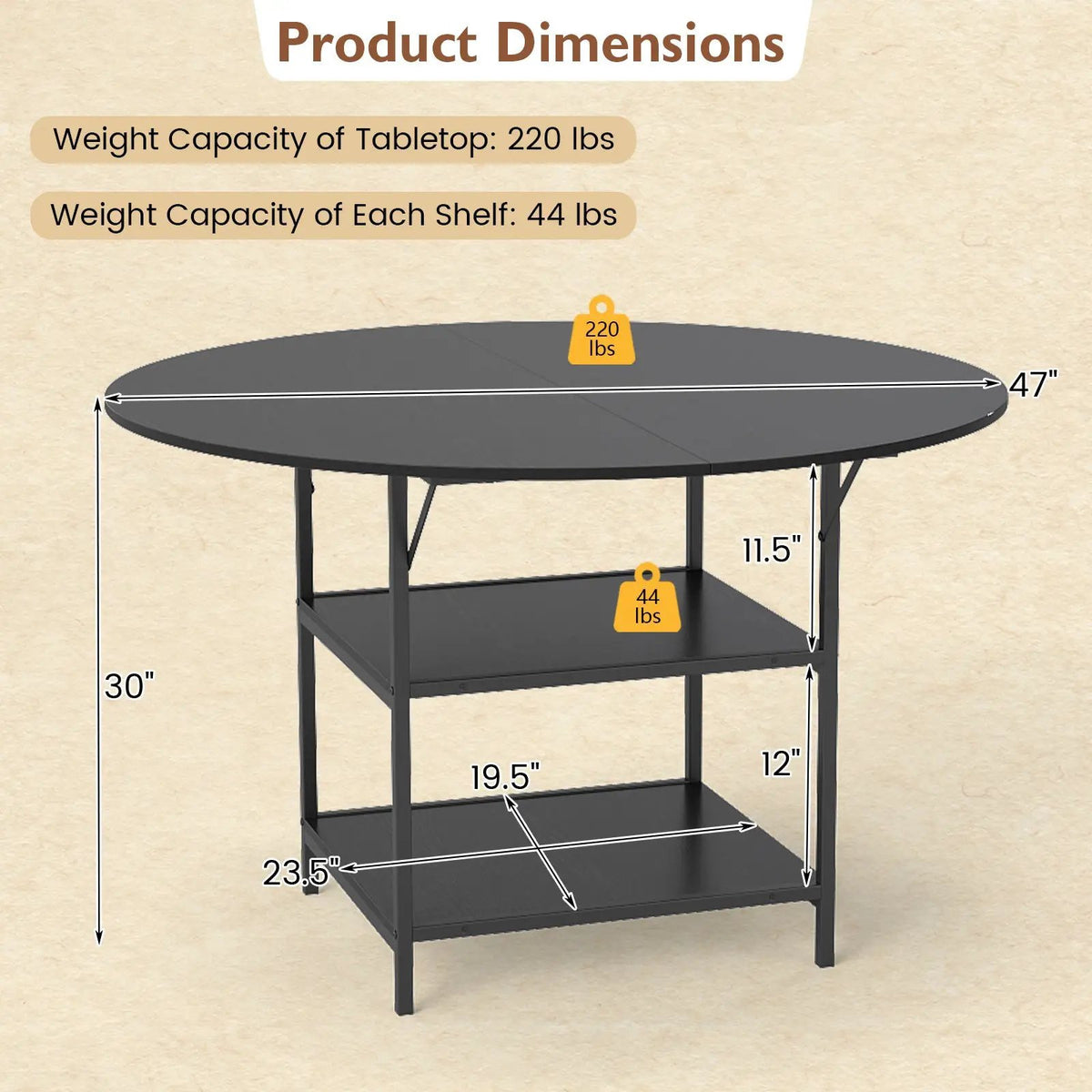 47 Inch Round Dining Table for 4-6 People Large Kitchen Table with 2-Tier Storage Shelves by DirectDeals