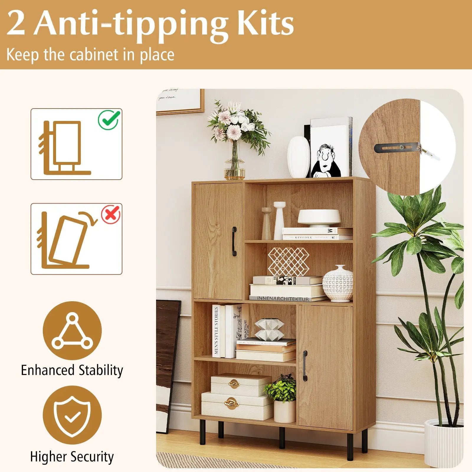 47 Inch Storage Cabinet Freestanding Bookcase with 2 Doors and 4 Open Shelves by DirectDeals