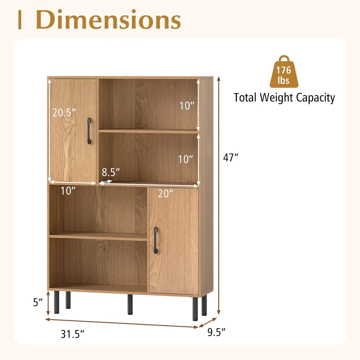 47 Inch Storage Cabinet Freestanding Bookcase with 2 Doors and 4 Open Shelves, photo 14 of 24