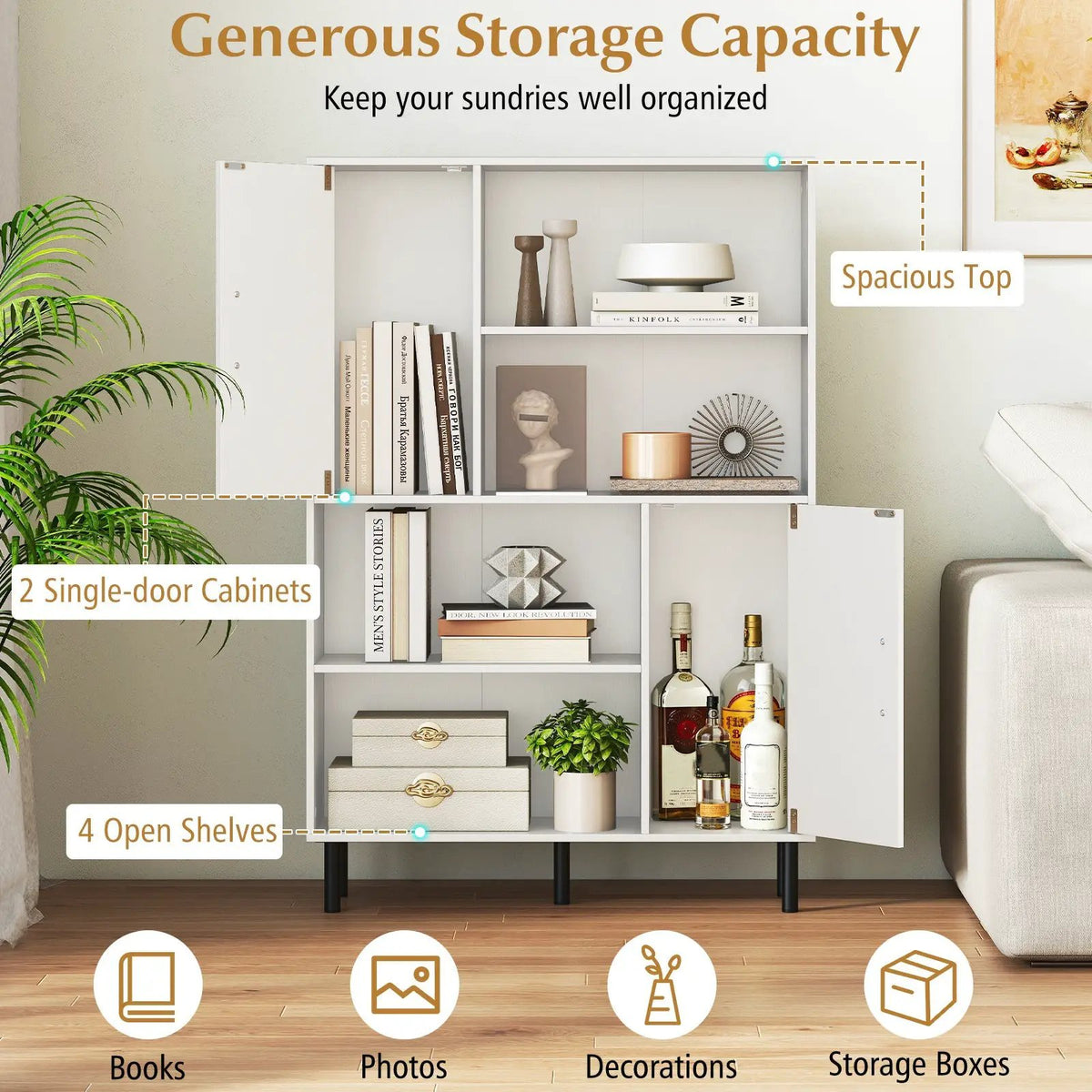 47 Inch Storage Cabinet Freestanding Bookcase with 2 Doors and 4 Open Shelves, photo 20 of 24