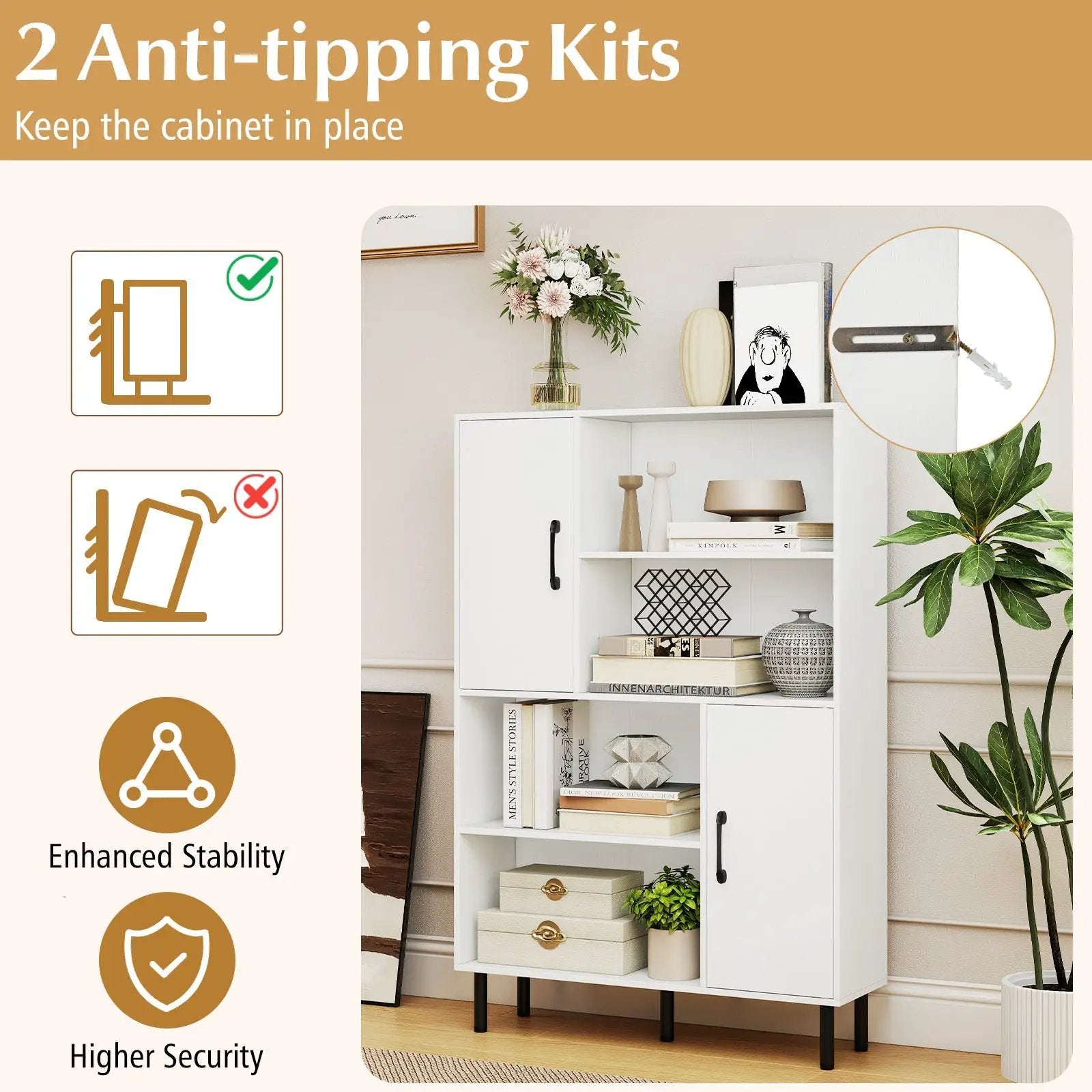47 Inch Storage Cabinet Freestanding Bookcase with 2 Doors and 4 Open Shelves by DirectDeals