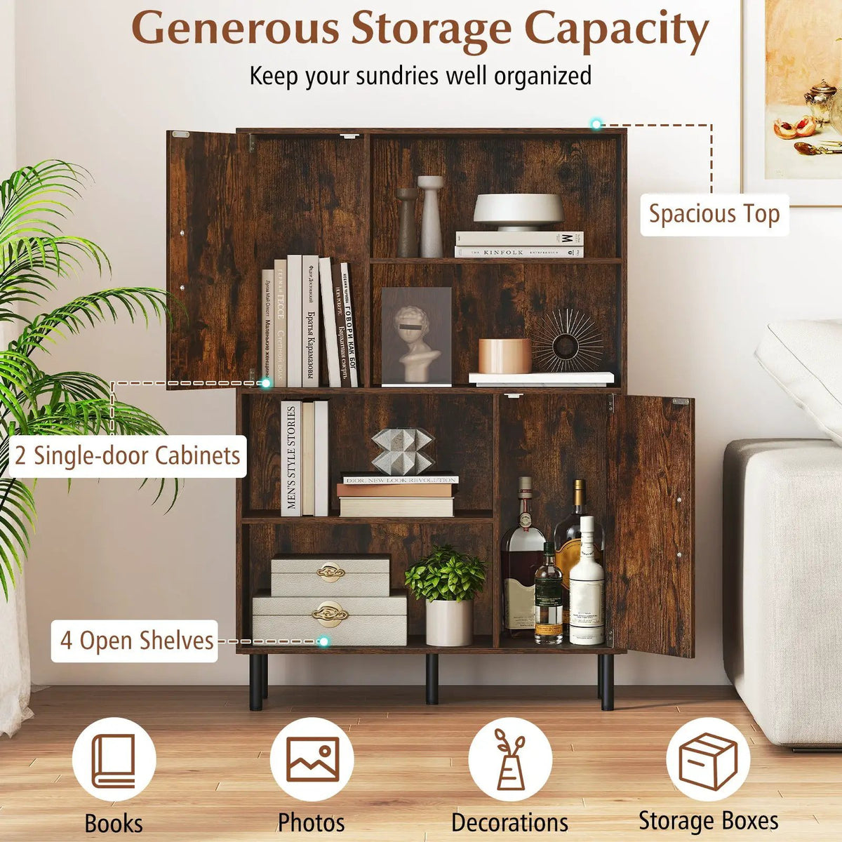 47 Inch Storage Cabinet Freestanding Bookcase with 2 Doors and 4 Open Shelves, photo 21 of 24