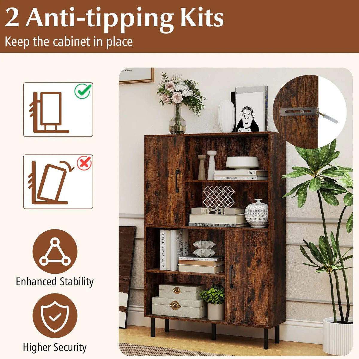 47 Inch Storage Cabinet Freestanding Bookcase with 2 Doors and 4 Open Shelves, photo 24 of 24
