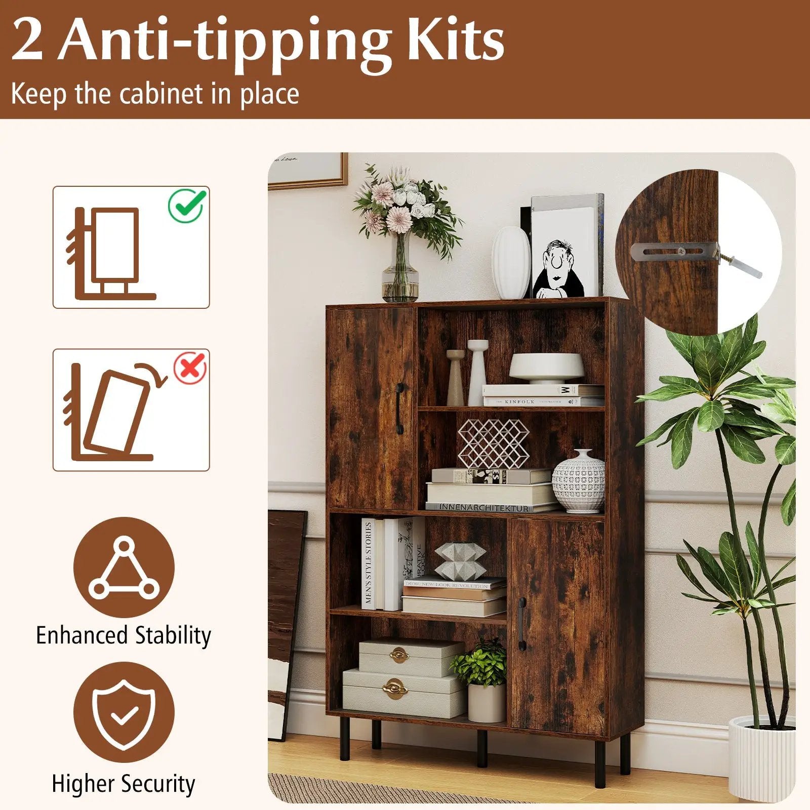 47 Inch Storage Cabinet Freestanding Bookcase with 2 Doors and 4 Open Shelves by DirectDeals