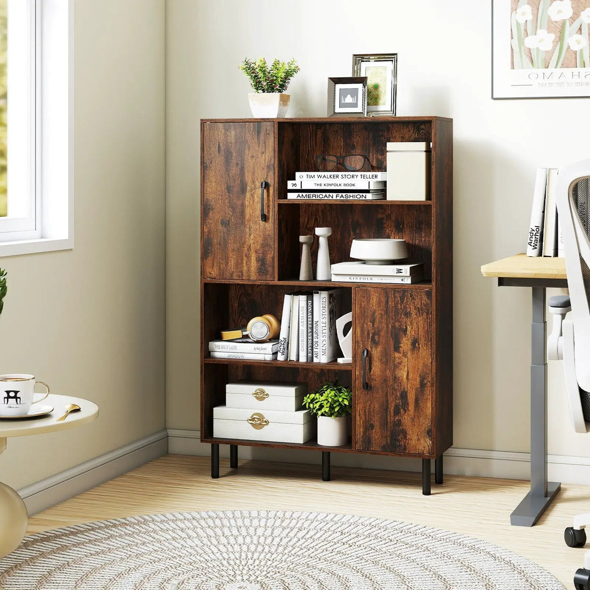 47 Inch Storage Cabinet Freestanding Bookcase with 2 Doors and 4 Open Shelves, photo 18 of 24