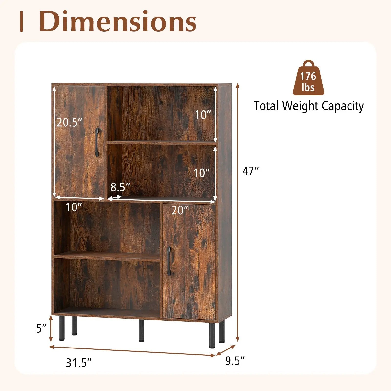 47 Inch Storage Cabinet Freestanding Bookcase with 2 Doors and 4 Open Shelves by DirectDeals