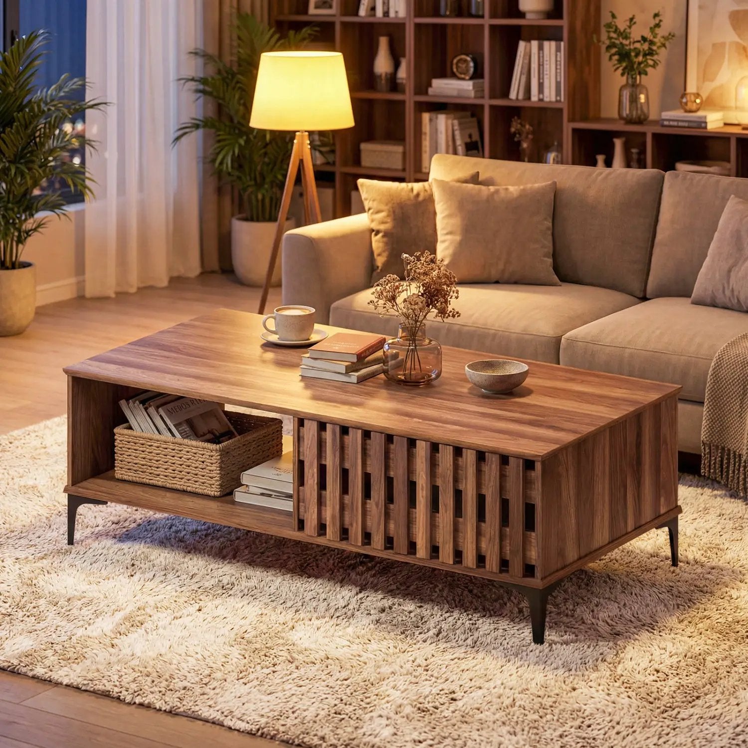 47 Inches Mid Century Coffee Table Farmhouse Wooden Center Table by DirectDeals