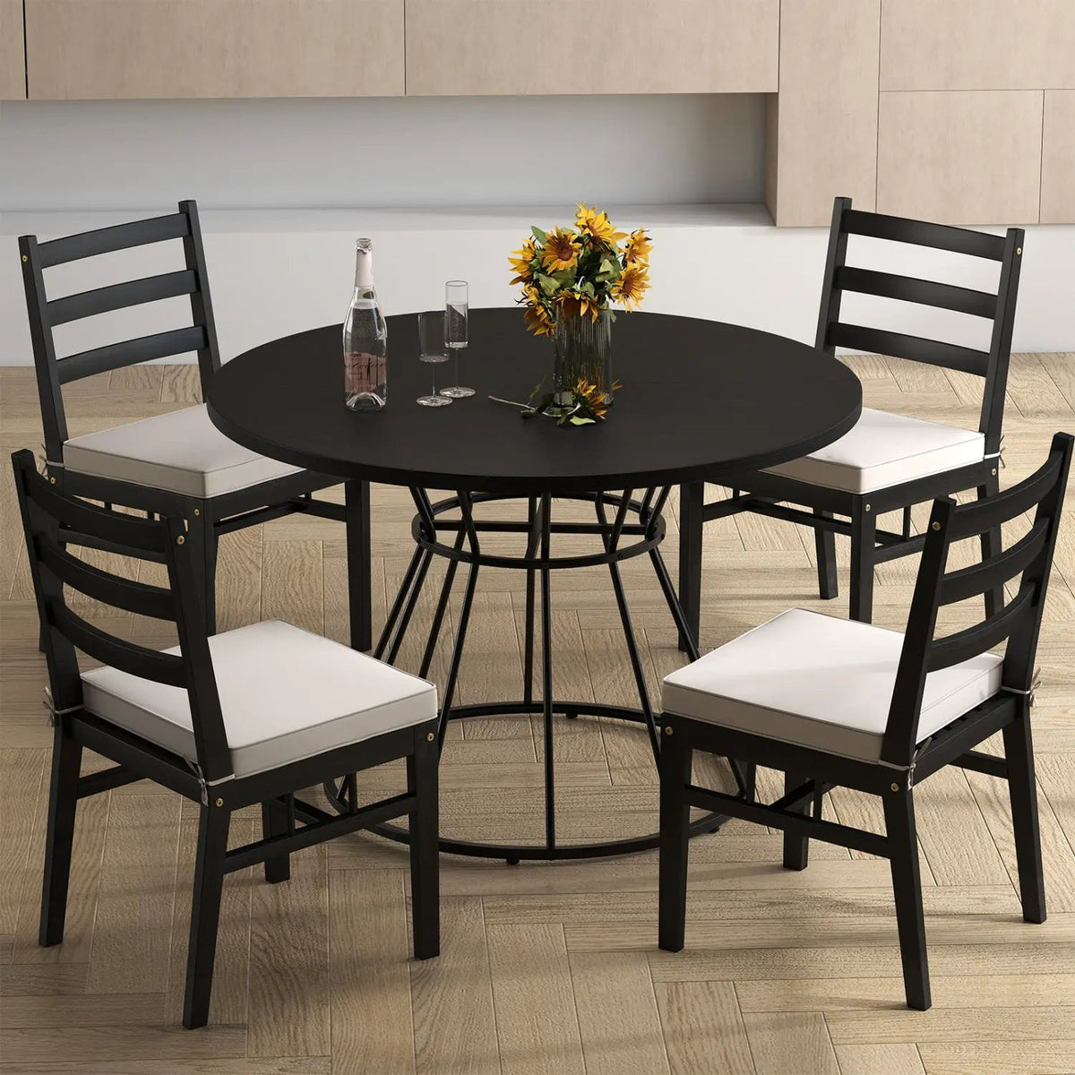 47 Inches Round Dining Table for 4 Farmhouse Kitchen Table with Wooden Tabletop, photo 21 of 24