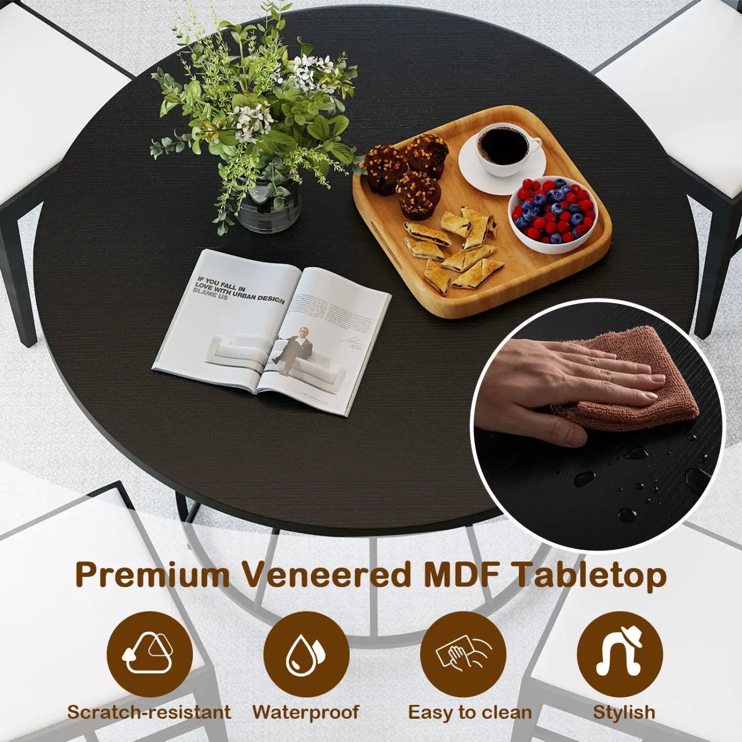 47 Inches Round Dining Table for 4 Farmhouse Kitchen Table with Wooden Tabletop by DirectDeals