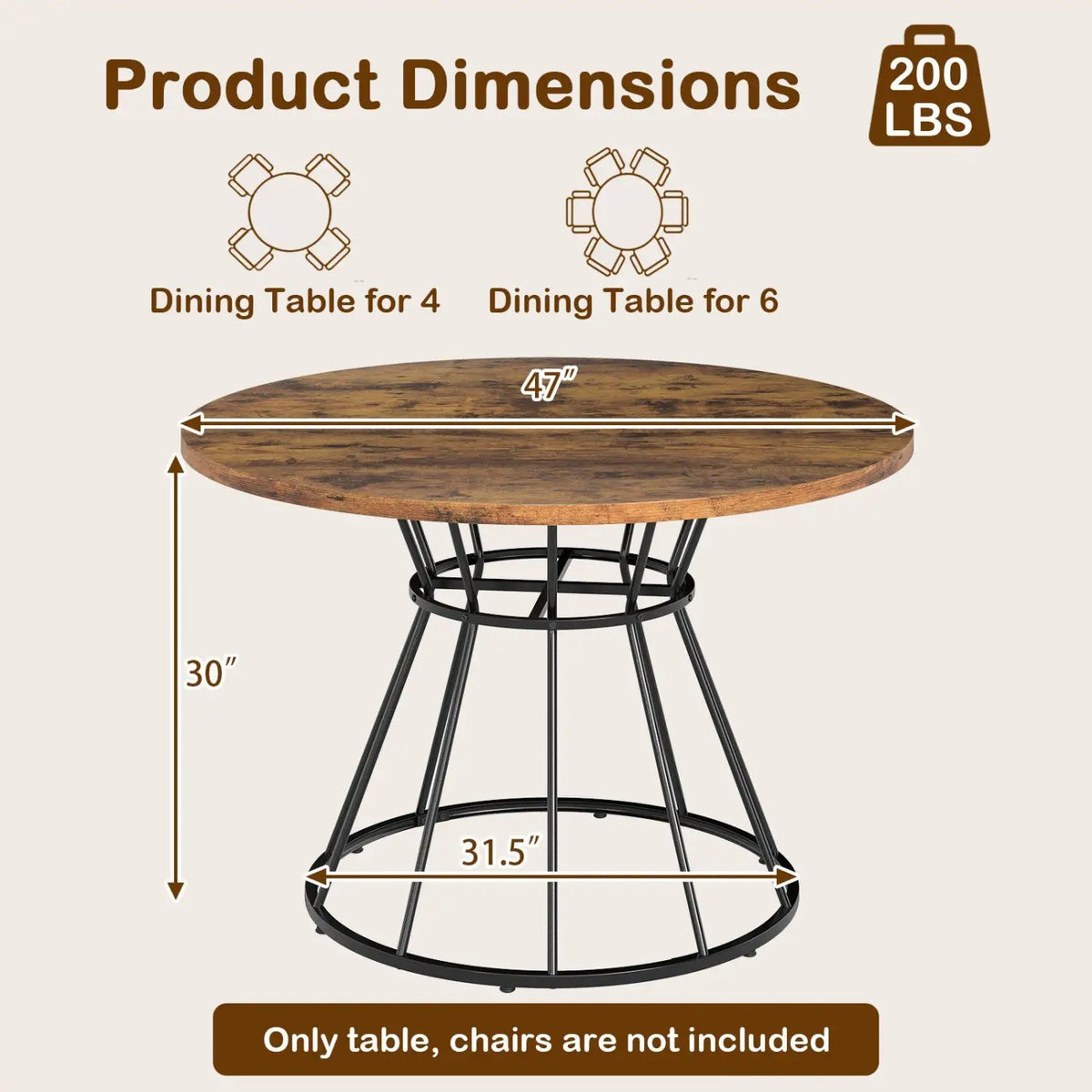 47 Inches Round Dining Table for 4 Farmhouse Kitchen Table with Wooden Tabletop, photo 13 of 24