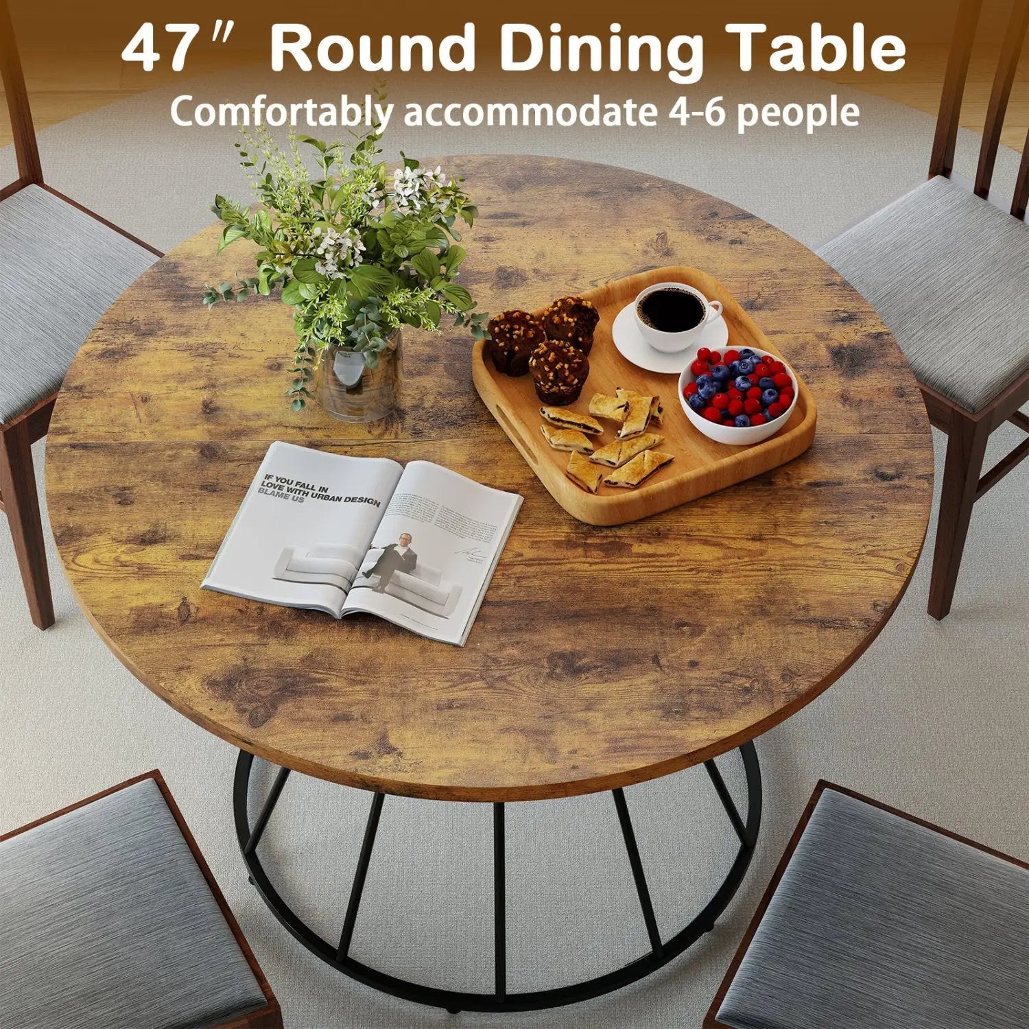 47 Inches Round Dining Table for 4 Farmhouse Kitchen Table with Wooden Tabletop by DirectDeals