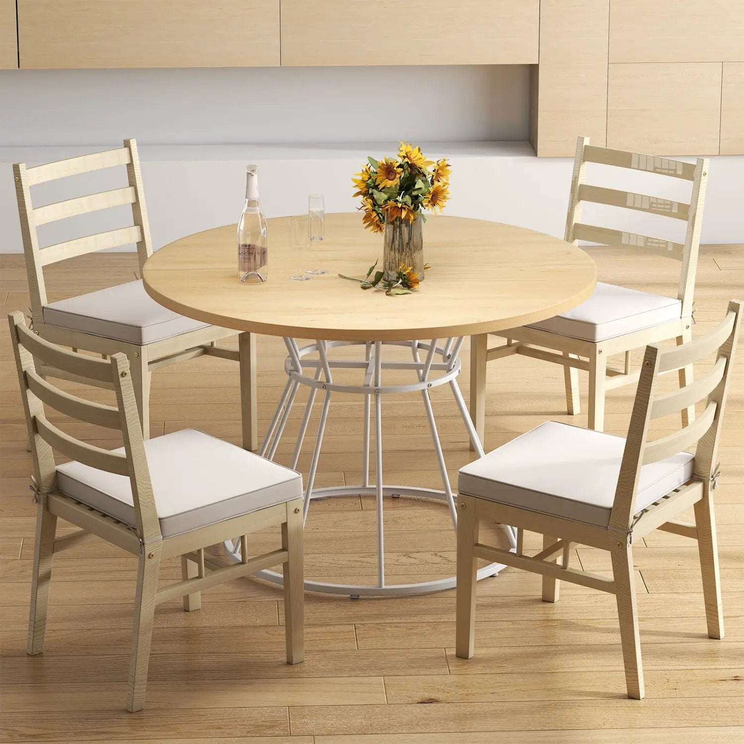 47 Inches Round Dining Table for 4 Farmhouse Kitchen Table with Wooden Tabletop by DirectDeals