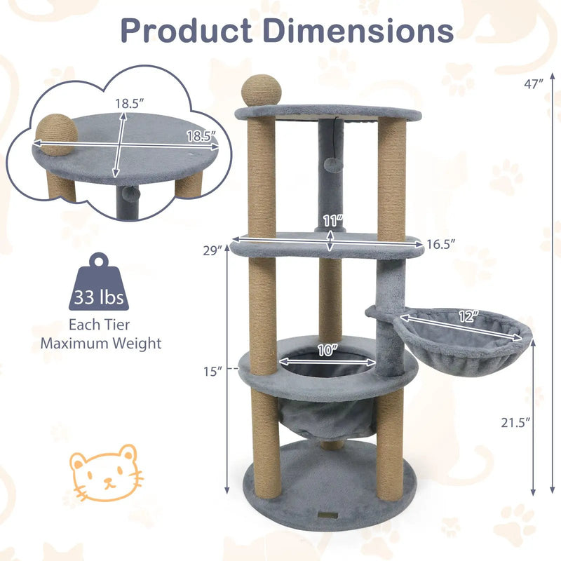 47 Inches Tall Cat Tower with Cat Nest and Scratching Posts-Gray by DirectDeals