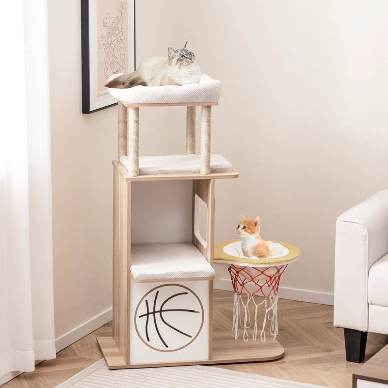 47 Inches Wooden Cat Tree with 2-Story Cat Condo and Basketball Hoop Hammock-Natural by DirectDeals