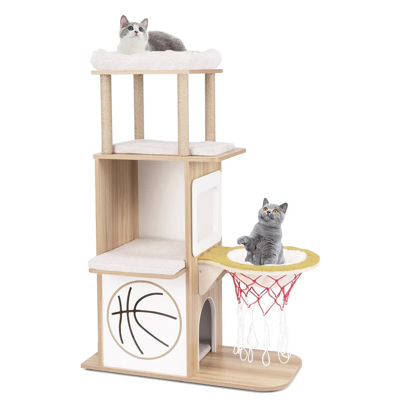 47 Inches Wooden Cat Tree with 2-Story Cat Condo and Basketball Hoop Hammock-Natural by DirectDeals