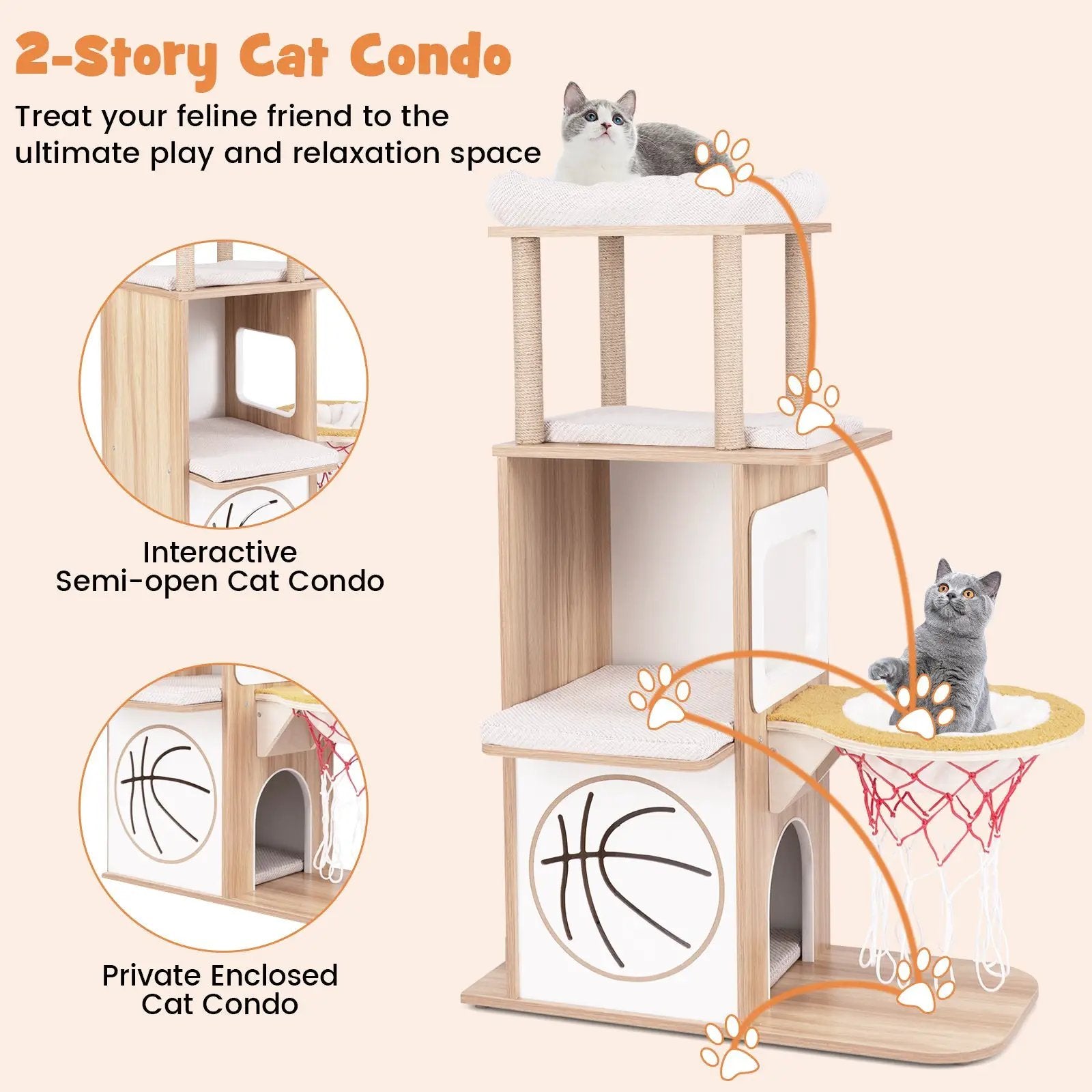 47 Inches Wooden Cat Tree with 2-Story Cat Condo and Basketball Hoop Hammock-Natural by DirectDeals