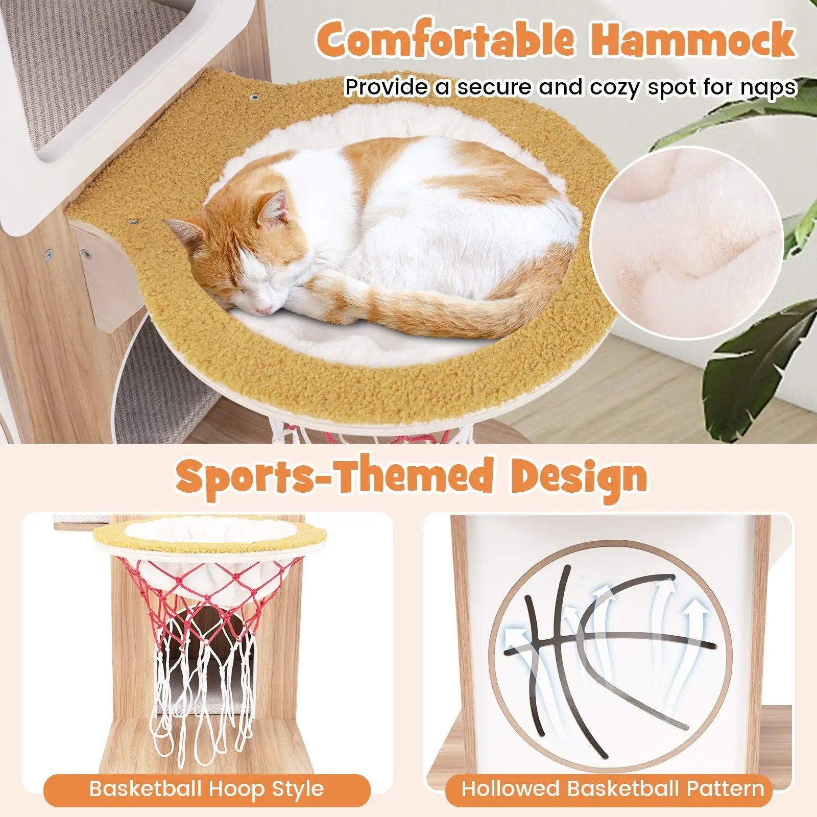 47 Inches Wooden Cat Tree with 2-Story Cat Condo and Basketball Hoop Hammock-Natural by DirectDeals