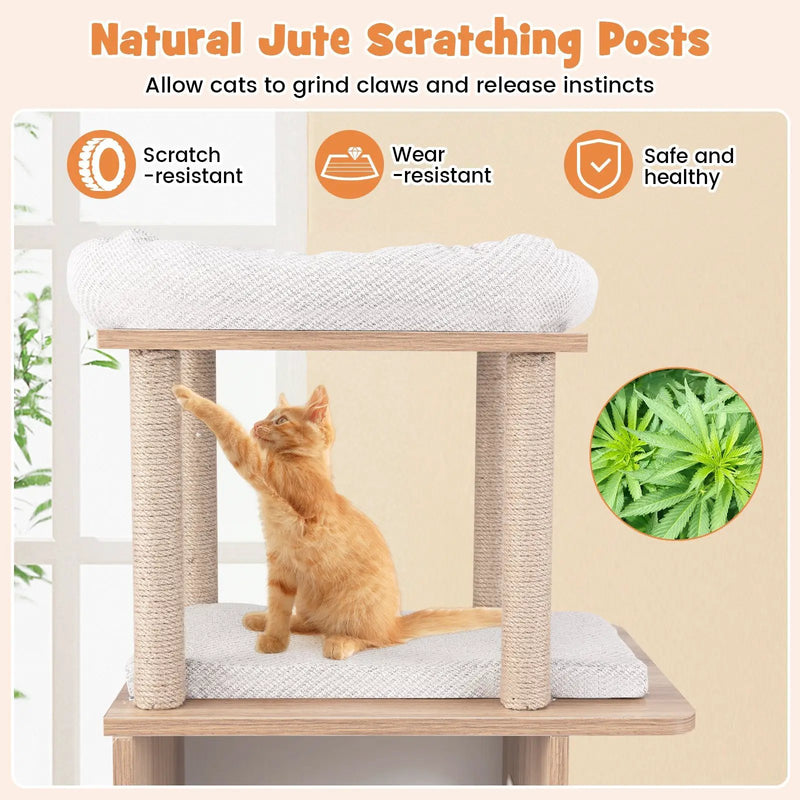 47 Inches Wooden Cat Tree with 2-Story Cat Condo and Basketball Hoop Hammock-Natural by DirectDeals