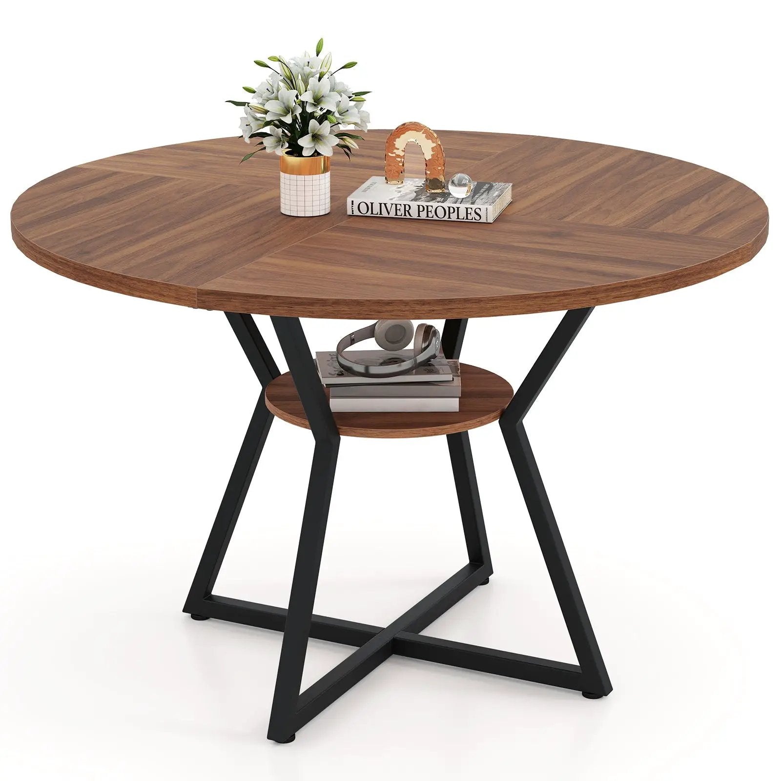 47" Round Dining Table for 4 with Storage Shelf-Brown by DirectDeals