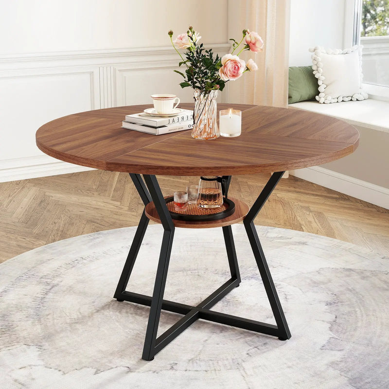 47" Round Dining Table for 4 with Storage Shelf-Brown by DirectDeals