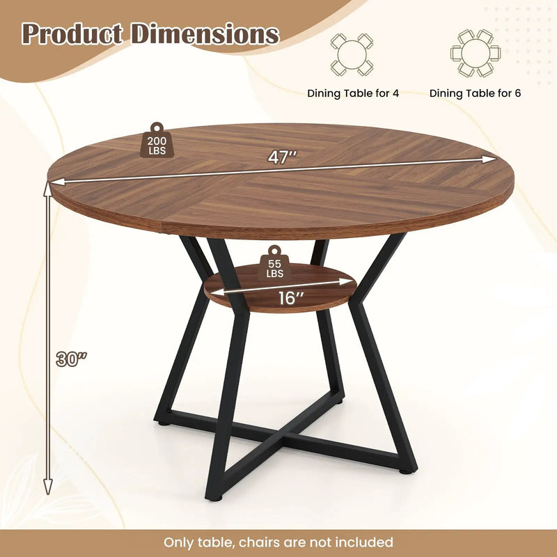 47" Round Dining Table for 4 with Storage Shelf-Brown by DirectDeals