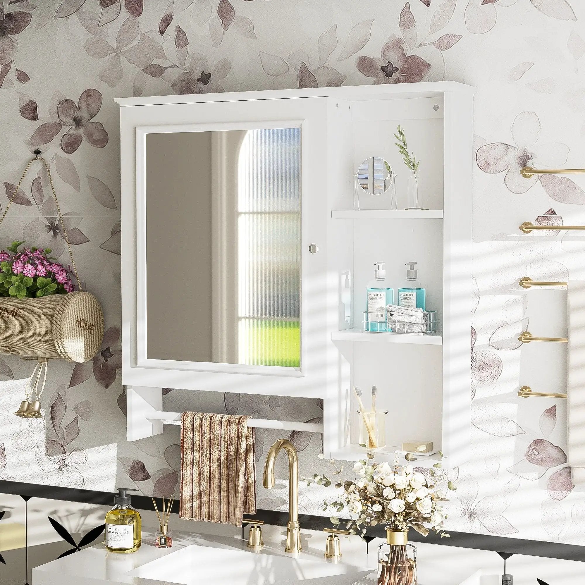 Wall Mounted Bathroom Storage Cabinet, Medicine Cabinets With Large Mirror Door, Adjustable Shelves And Three Open Storage Levels(Not Include Bathroom Vanity) by Unique Piece Furniture