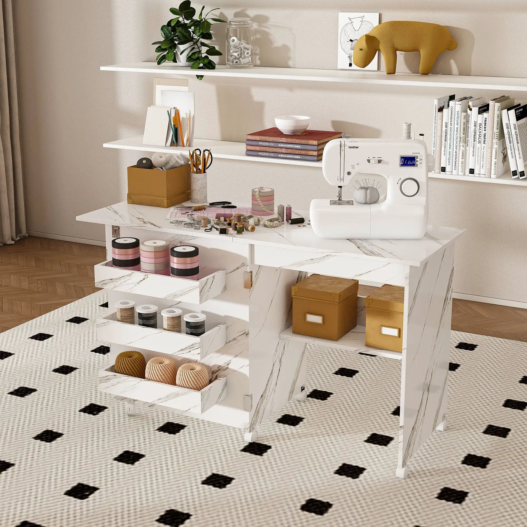 4 In 1 Folding Sewing Table With Lockable Wheels, Multi Functional Craft Station - White by Unique Piece Furniture