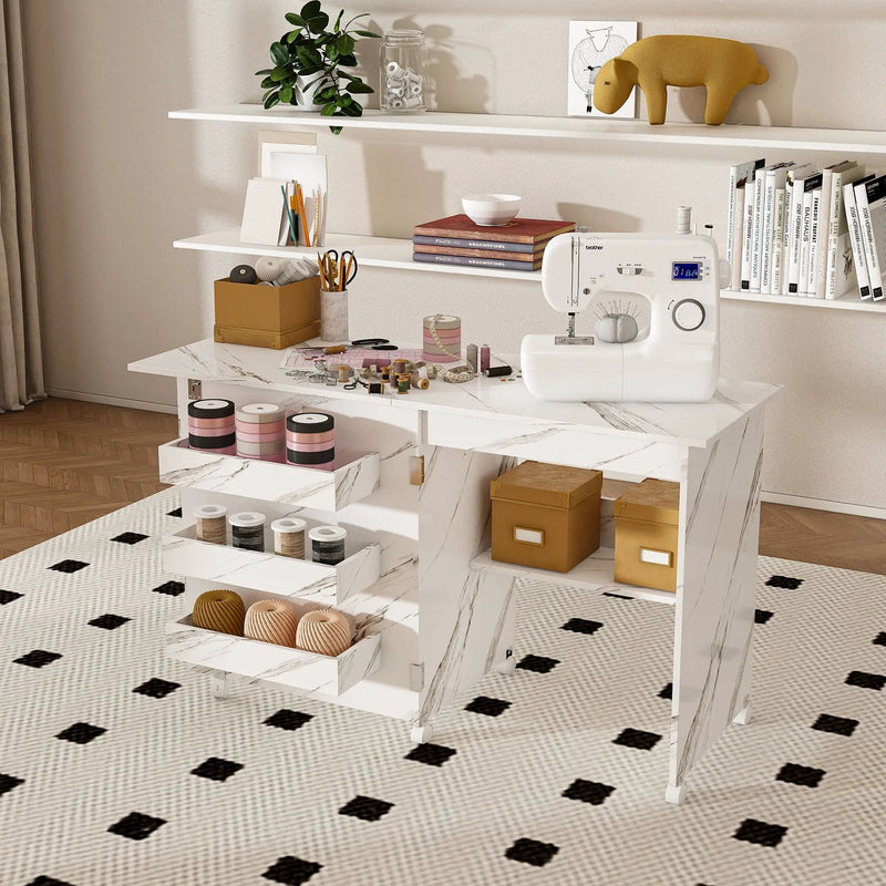 4 In 1 Folding Sewing Table With Lockable Wheels, Multi Functional Craft Station - White by Unique Piece Furniture