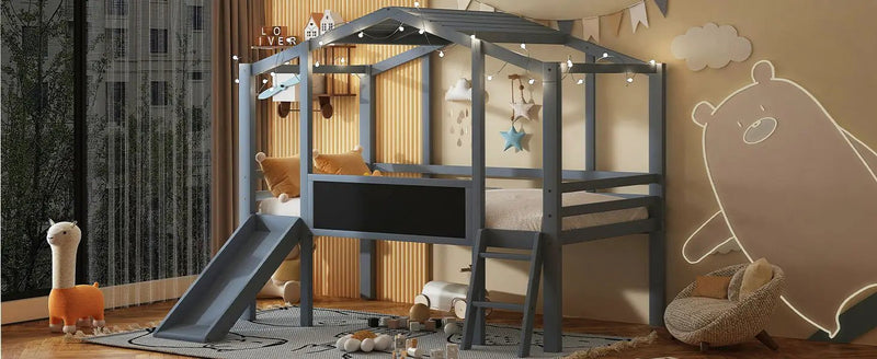 Loft House Bed With Ladder And Slide, With board And Light Strip On The Roof by HouseOfZazla