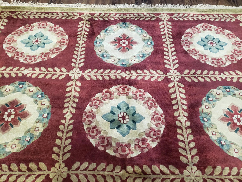 Nepalese Aubusson Panel Rug 6x9, Red & Ivory Soft Plush Tibetan Pile Rug, Wool Hand-Knotted Carpet, 6 x 9 Elegant Area Rug, Office Room Rug by Jewel Rugs