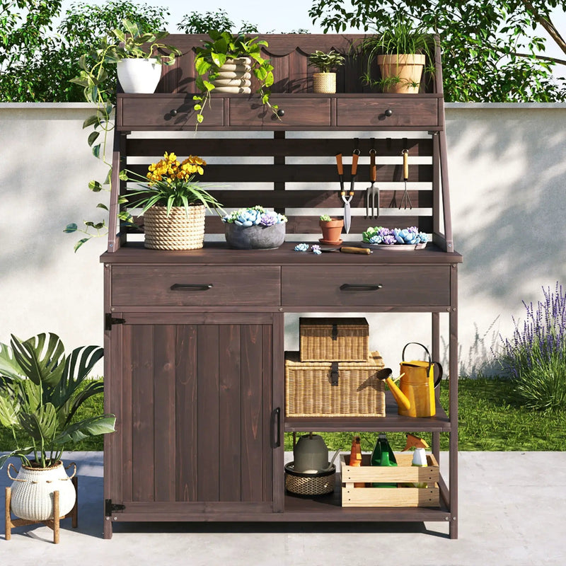 Potting Bench With 5 Drawer Storage And Slatted Back Panel, Garden Workstation - Brown by HouseOfZazla