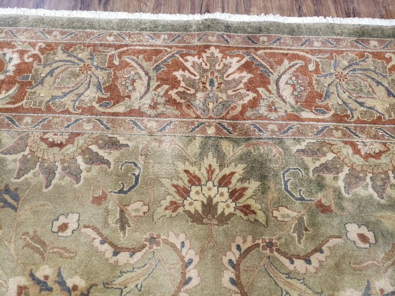 Green Indo Mahal Area Rug 9x12, Wool Hand-Knotted Carpet by Jewel Rugs
