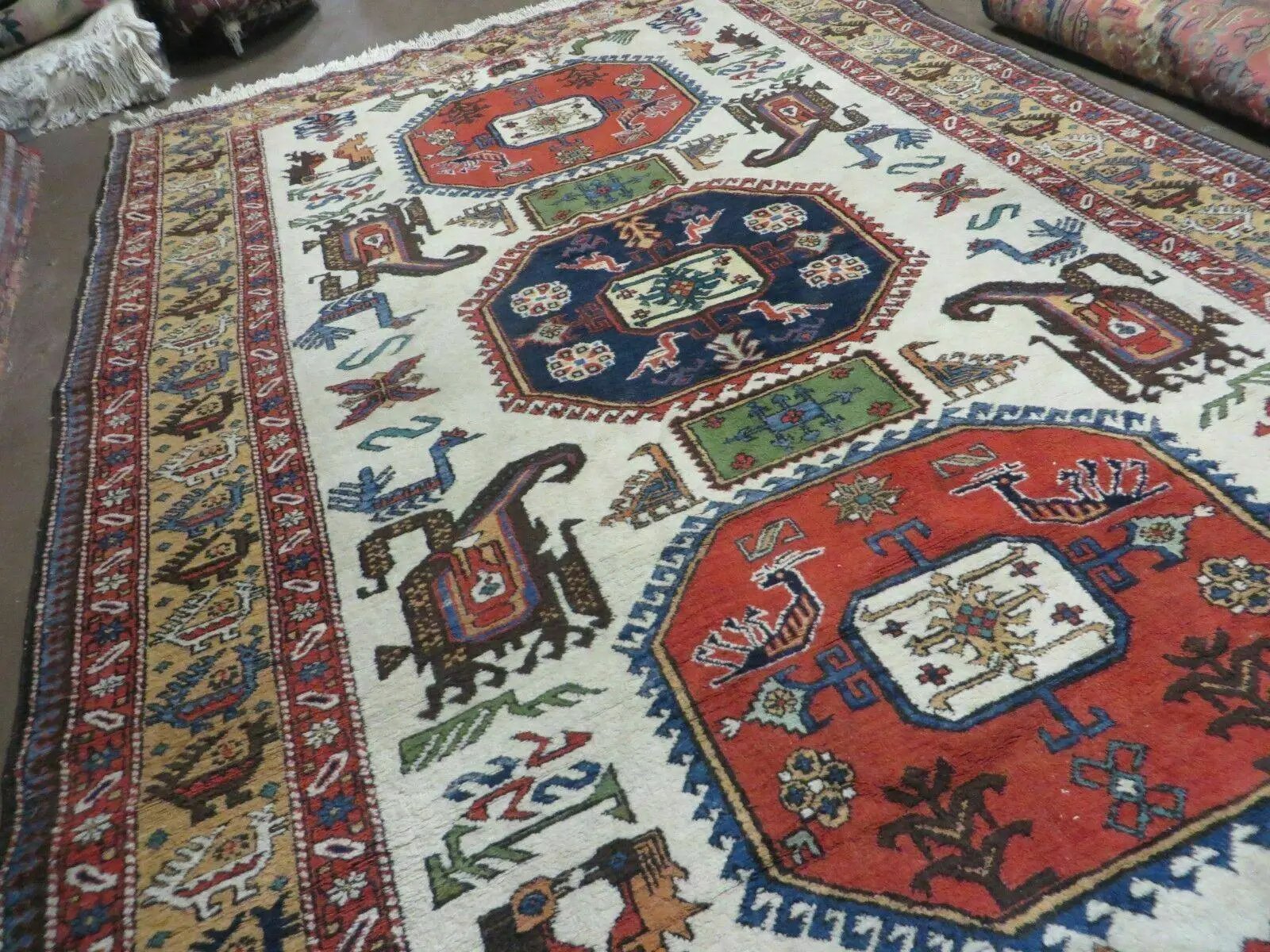 7' X 10' Vintage Handmade Knotted Turkish Wool Rug Birds Animal Ivory Organic by Jewel Rugs
