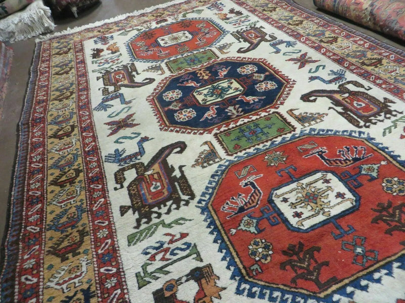 7' X 10' Vintage Handmade Knotted Turkish Wool Rug Birds Animal Ivory Organic by Jewel Rugs