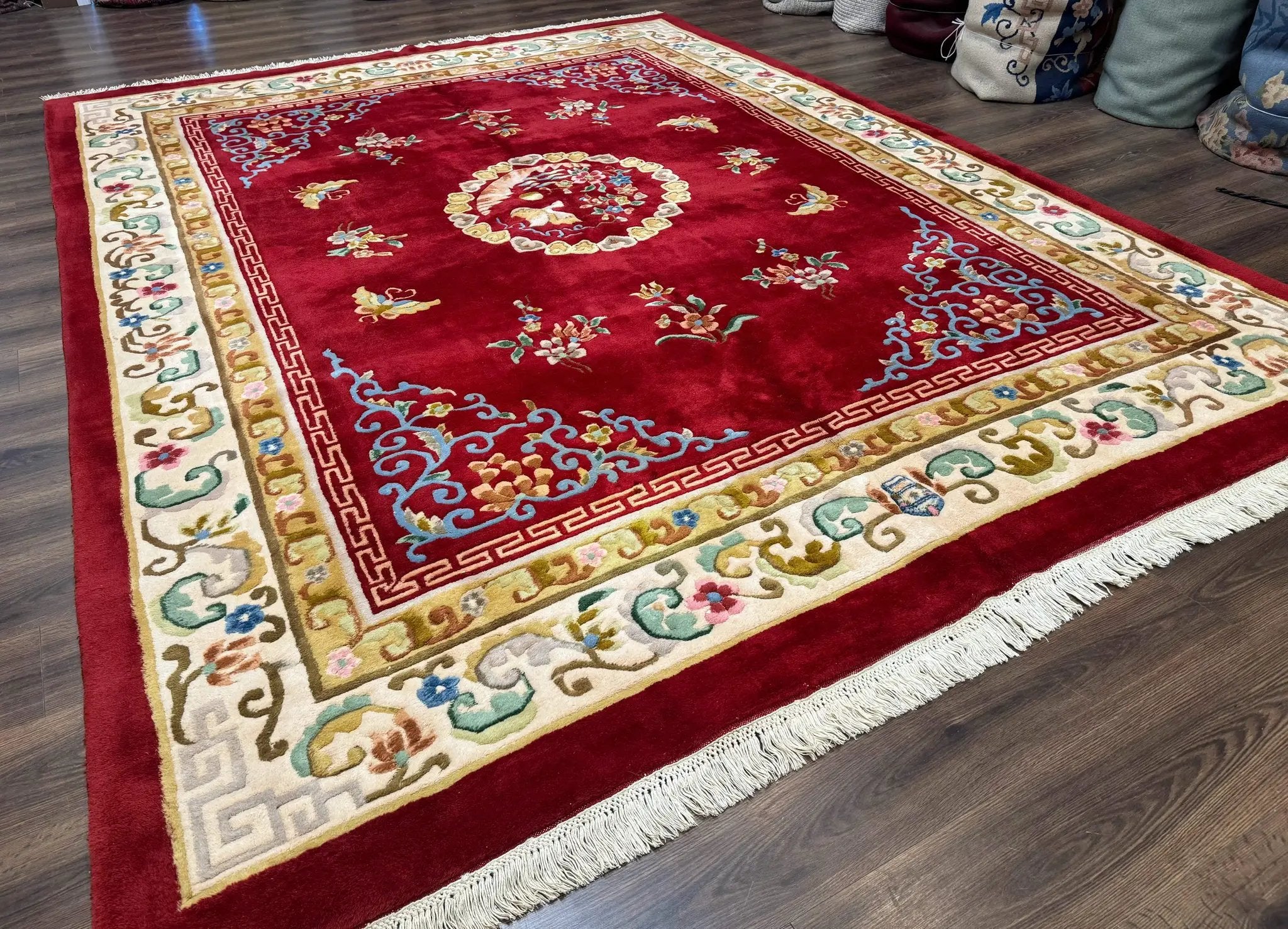 Indo Chinese Wool Rug 9x12, Red Art Deco Carpet, Vintage by Jewel Rugs