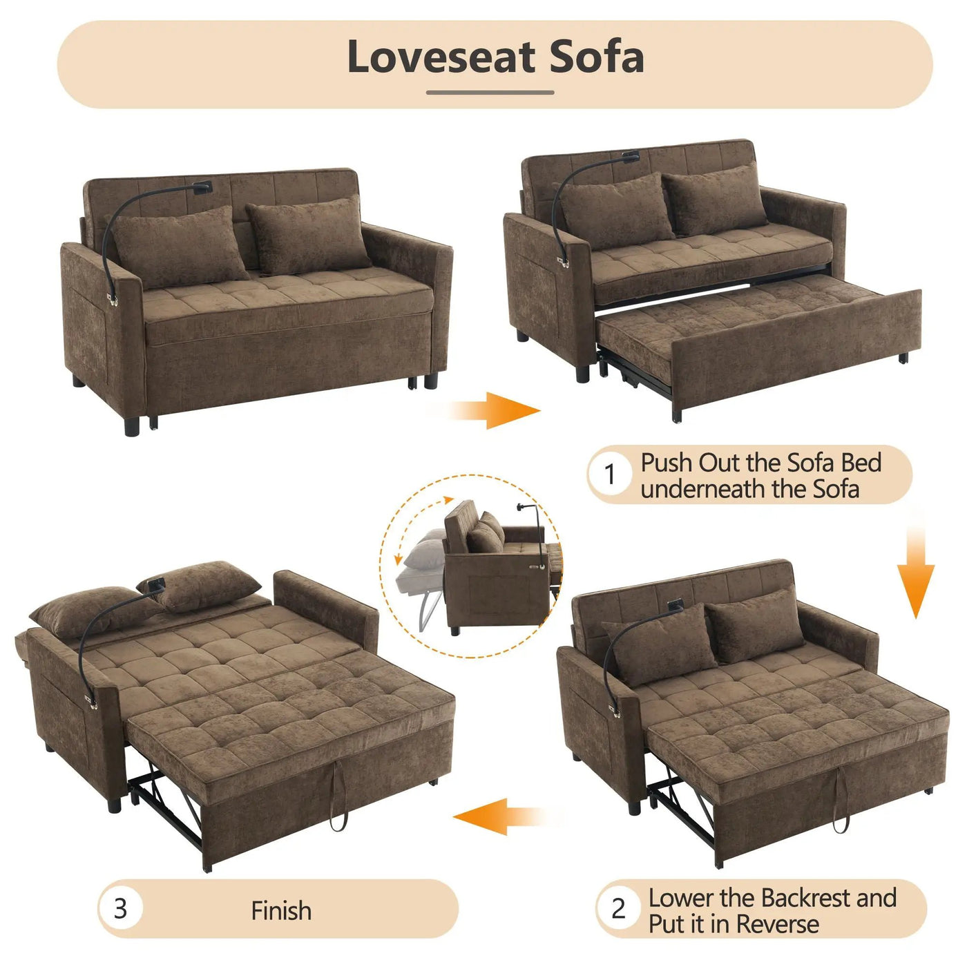 Pull-Out Sleeper Sofa With Reversible Backrest Cushion, Side Pockets, 2 USB Ports And A Phone Holder For Living Room by HouseOfZazla