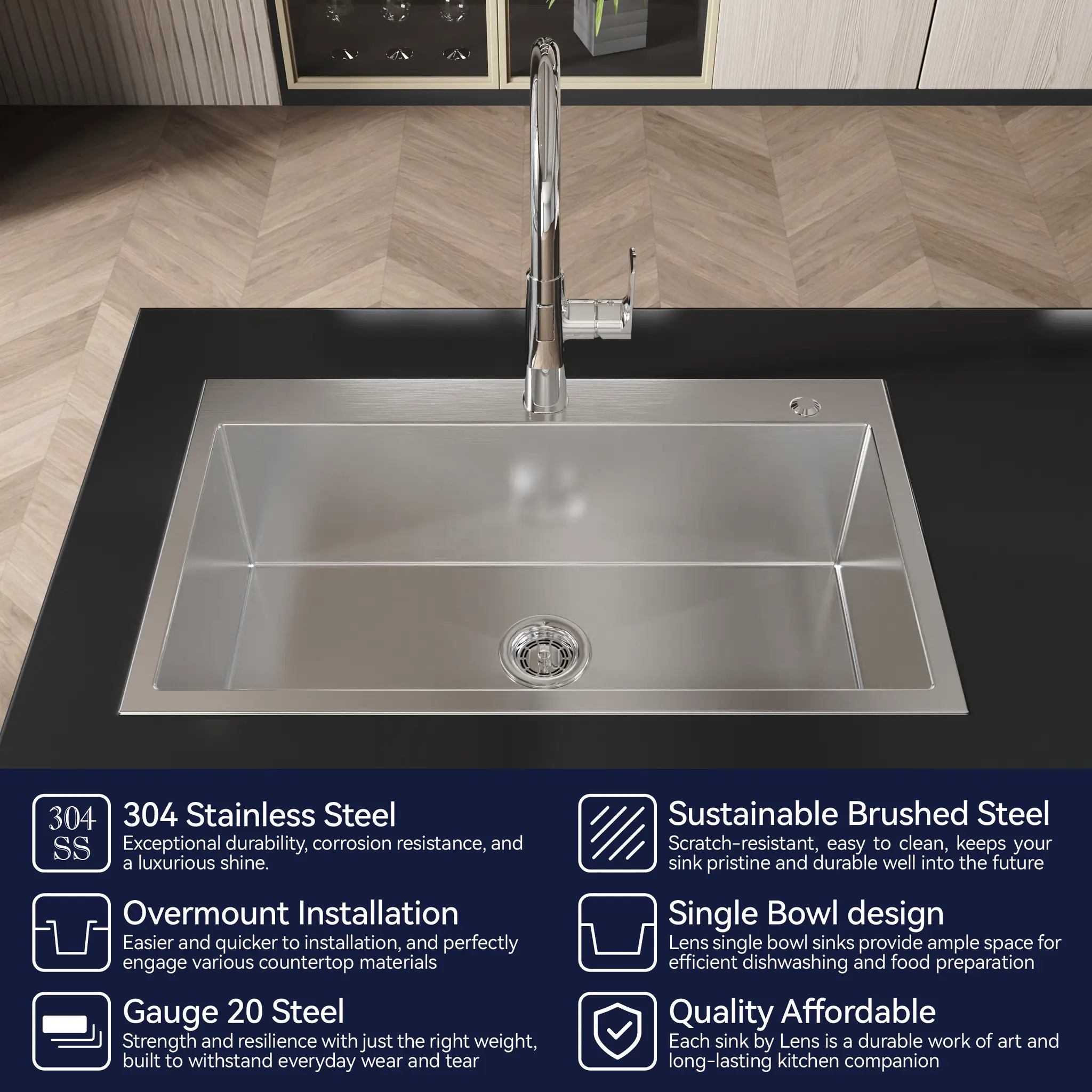 Stainless Steel Kitchen Sink, 32"x19" Single Bowl, Overmount Handmade Brushed Nickel by HouseOfZazla