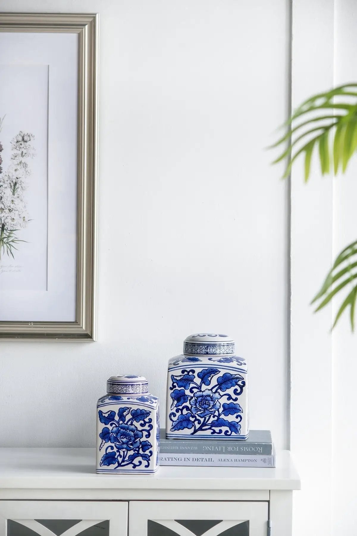 5x5x8' Hand Painted Square Canister with Blue and White Floral Pattern by HouseOfZazla