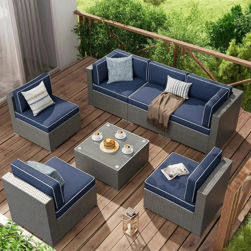 Cushion Covers for 7-Piece (6-Seaters) Wicker Rattan Sectional Sofa - Navy Blue by HouseOfZazla