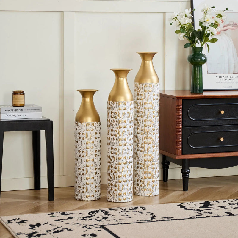 Mother's Day Gift Set Gilded White 3D Relief Flower Metal Vase Set - White / Gold by HouseOfZazla