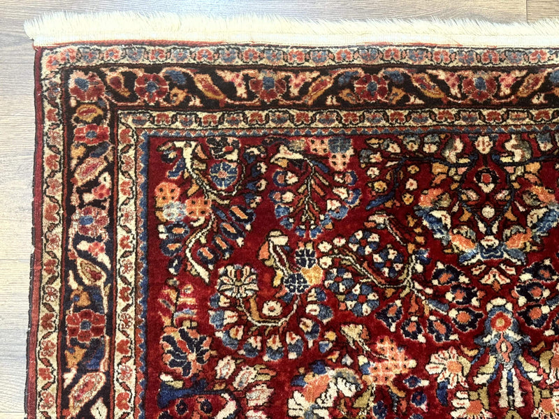 Antique Persian Sarouk Rug 4x6, Floral, Red, Wool Hand Knotted Fine 225 KPSI by Jewel Rugs