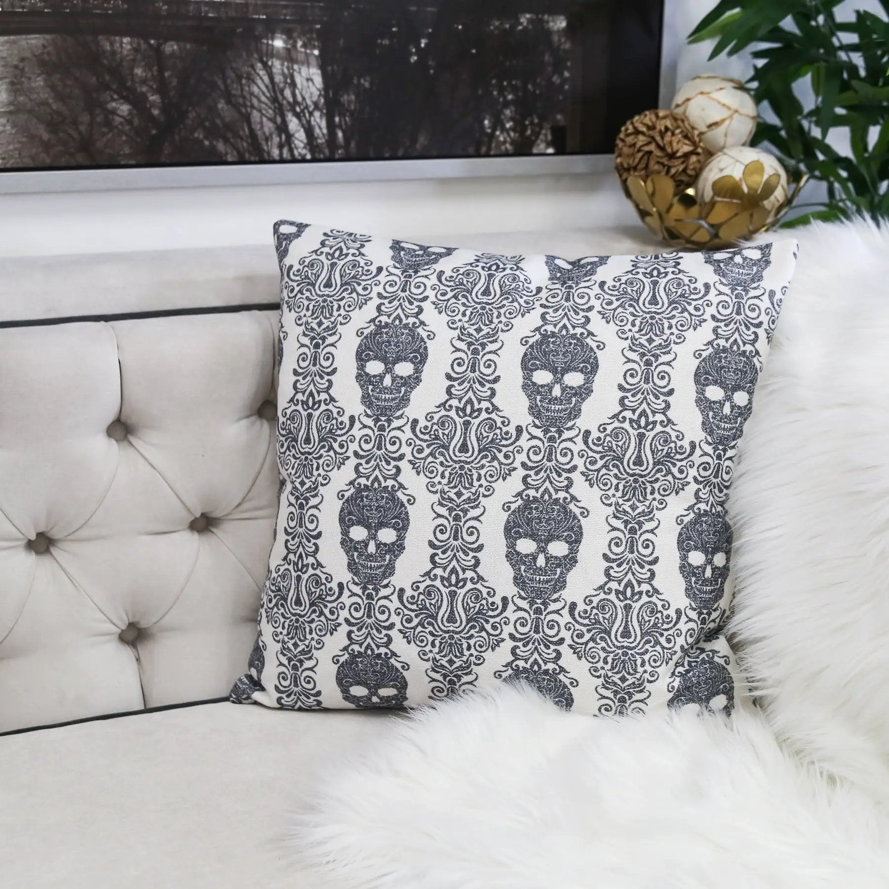 Gothic Damask Skull Throw Pillow – Black & White Cotton Linen by HouseOfZazla