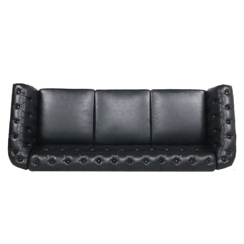 84.65" Black PU Rolled Arm Chesterfield Three Seater Sofa by HouseOfZazla