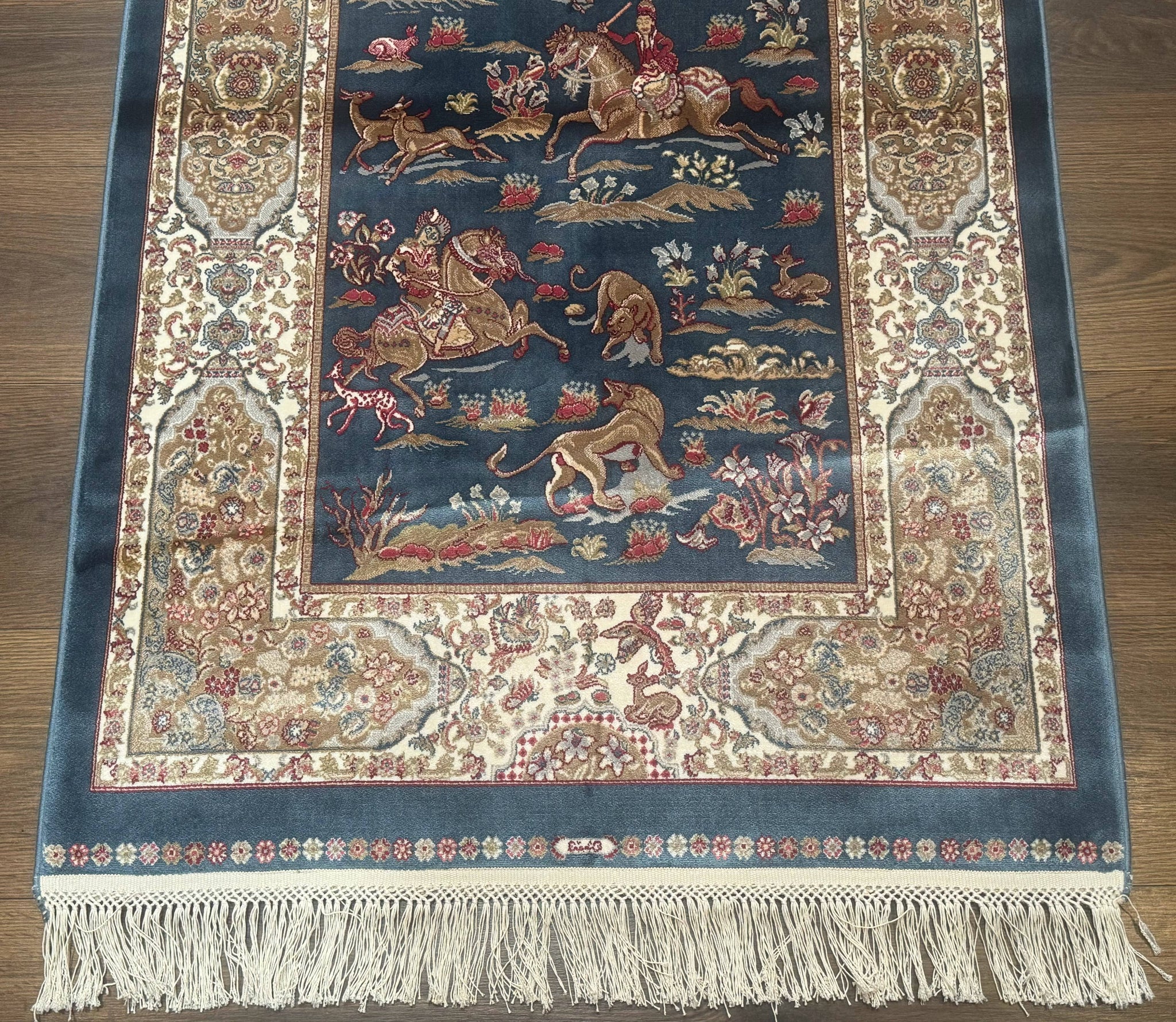 Turkish Silk Hunting Scene Rug 2.6 x 5, Dark Steel Blue & Ivory, Bamboo Silk, New by Jewel Rugs