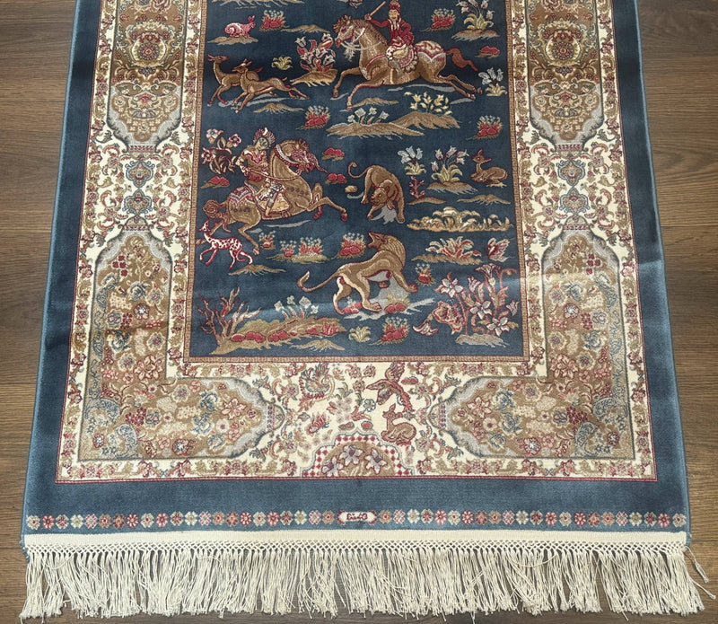 Turkish Silk Hunting Scene Rug 2.6 x 5, Dark Steel Blue & Ivory, Bamboo Silk, New by Jewel Rugs