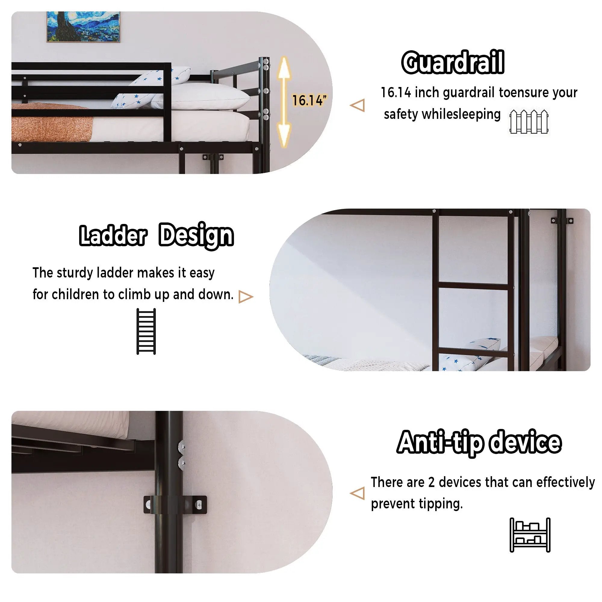 Bunk Bed with Ladder and High Guardrail Metal Bunk Bed, Storage Space, Noise Free, Twin Over Twin Size by HouseOfZazla