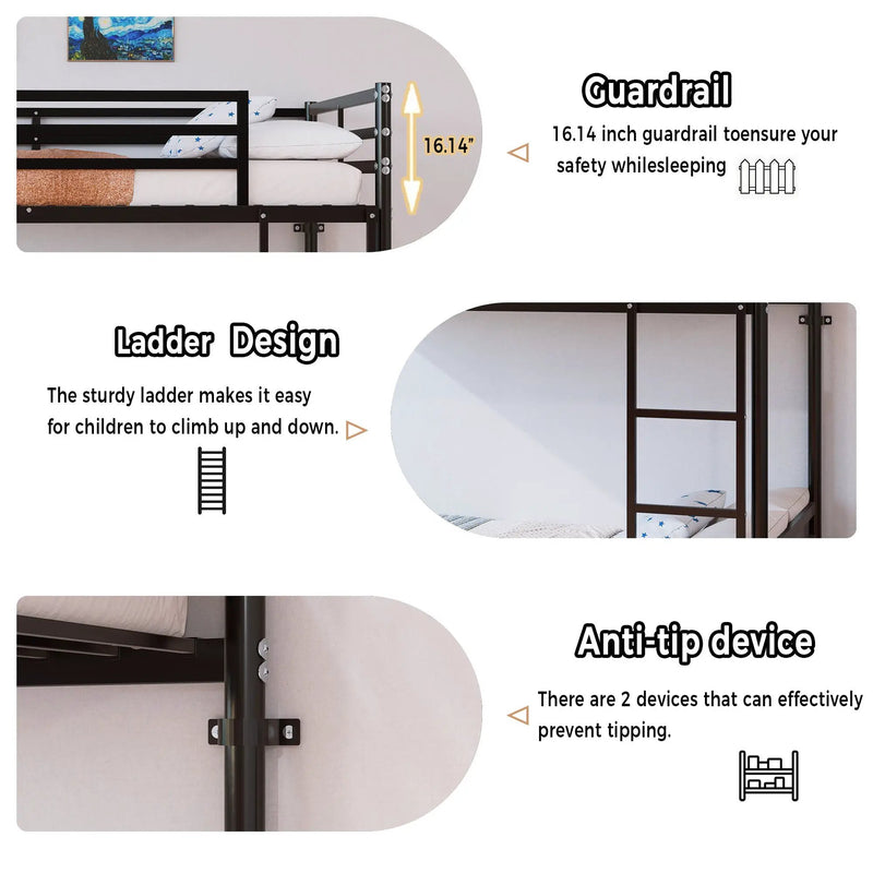 Bunk Bed with Ladder and High Guardrail Metal Bunk Bed, Storage Space, Noise Free, Twin Over Twin Size by HouseOfZazla