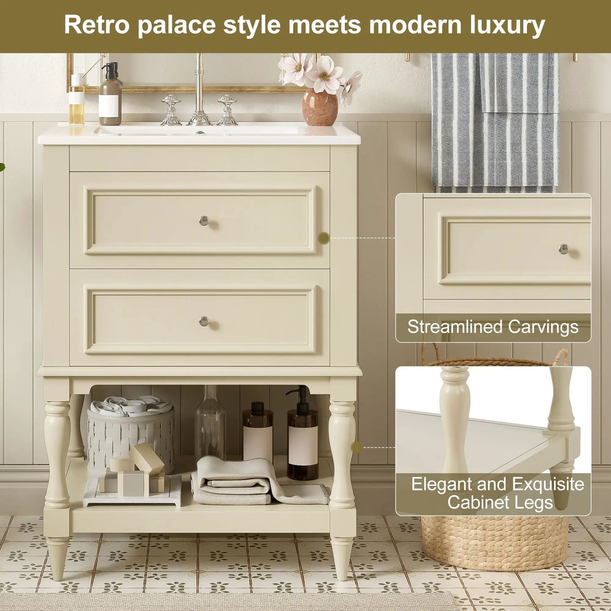 Bathroom Vanity With Sink, 2 Drawers Storage Cabinet, Open Shelf by Unique Piece Furniture